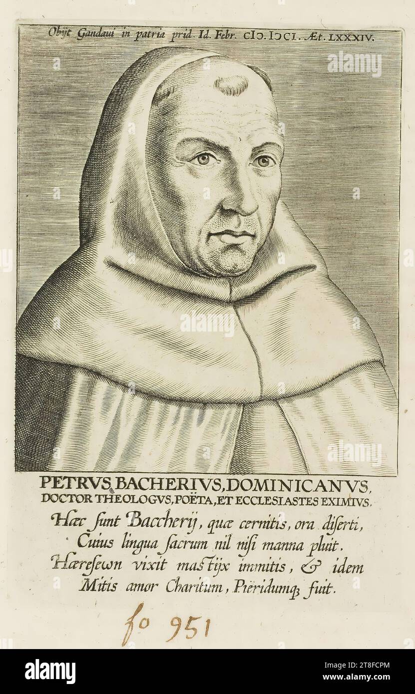 Obijt Gandani in seinem Land prid. Id. Februar CIƆ. IƆCI. ESSEN SIE 84 PETRVS BACHERIVS, DOMINICANVS, DOCTOR THEOLOGYVS, POET, UND AUSGEZEICHNETE GEISTLICHE, das sind die Baccherij, die ihr seht, der Mund des Sprechers, dessen heilige Zunge nichts als Manna regnet. Illustration aus Foppens, Bibliotheca Belgica, 1737 Stockfoto