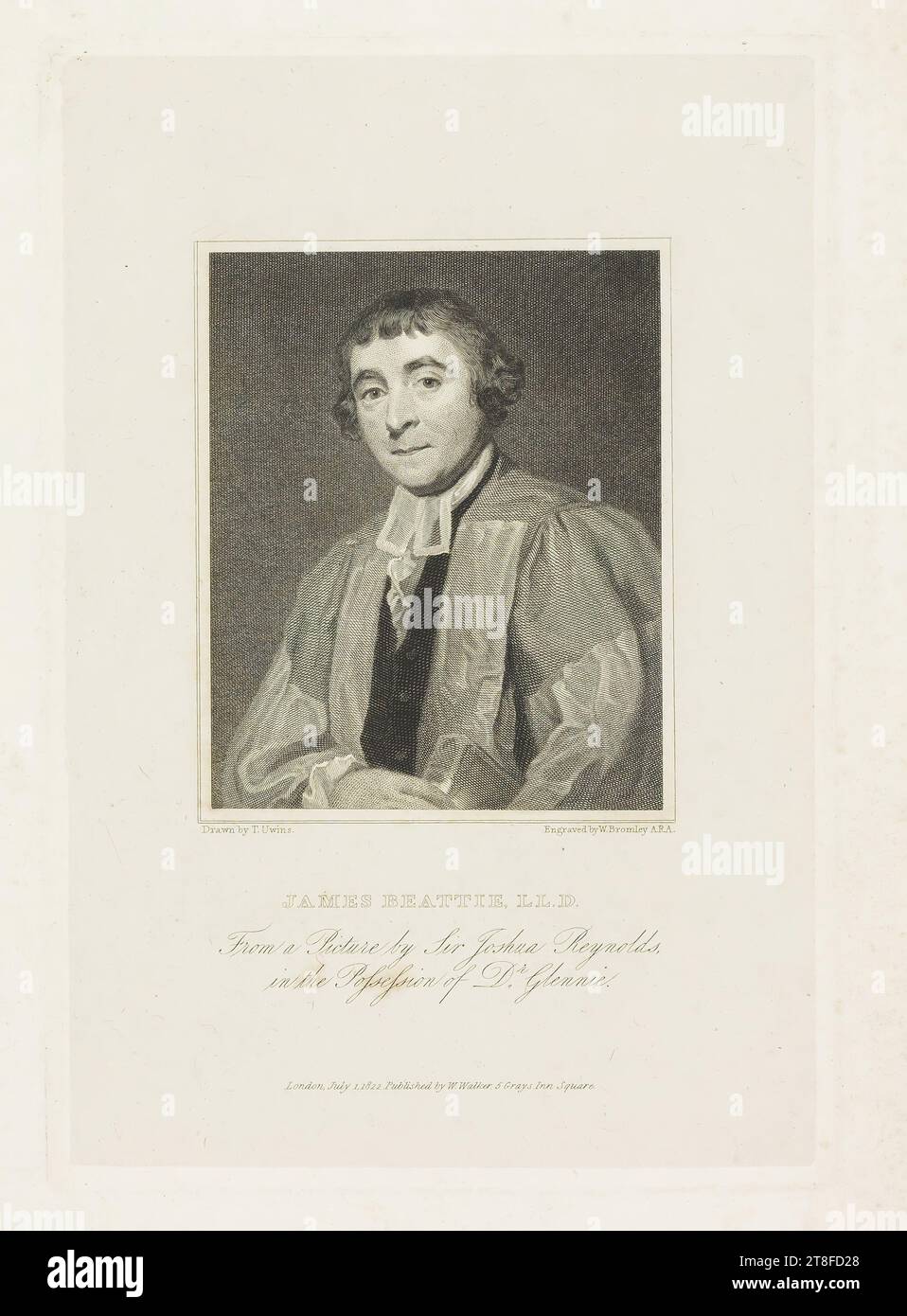 Gezeichnet von T. Uwins. Stich von W. Bromley A.R.A., JAMES BEATTIE, L.D., aus einem Bild von Sir Joshua Reynolds, im Besitz von Dr. Glennie. London, 1. Juli 1822. Veröffentlicht von W.Walker, 5 Grays Inn Square Stockfoto