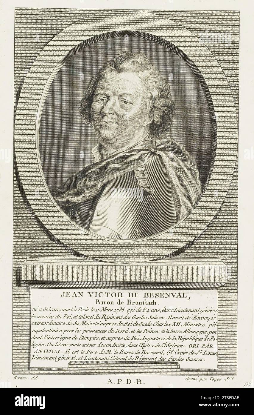 JEAN VICTOR DE BESENVAL, Baron de Brustach, geboren in Solothurn, starb am 11. März 1736 in Paris. 64 Jahre alt, als Generalleutnant der Armee des Königs und Oberst des Regiments der Schweizergarde. Er war außerordentlicher Gesandter seiner Majestät an den König von Schweden Karl XII. Minister PLE, Nipotentiary für die Mächte des Nordens und die Fürsten von Niederdeutschland während des Interregnums des Reiches sowie für König Augustus und die Republik Polen. Wir lesen diese Worte um seine Büste herum, in der Kirche St. Sulpice. ORI BY, ANIMUS. Er ist der Vater von M. le Baron de Besenval Stockfoto