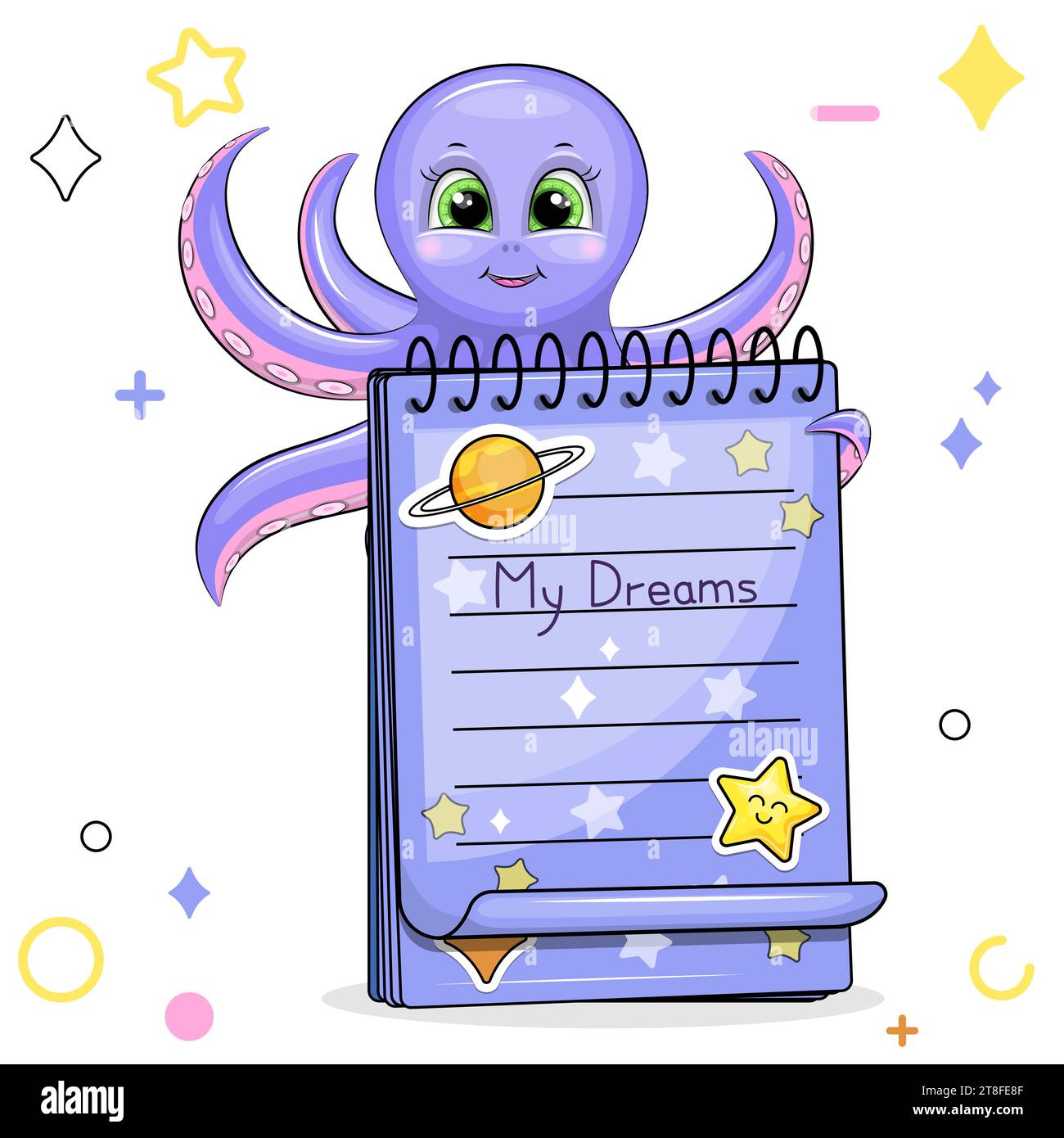 Ein süßer Karikaturkrake mit blauem Notizbuch mit Aufklebern. Vektorillustration eines Tieres auf weißem Hintergrund mit Sternen, Kreisen. Stock Vektor