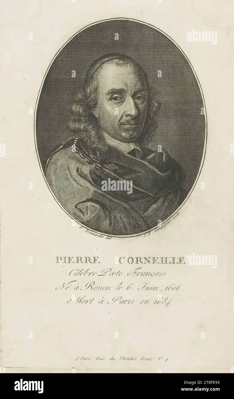 Mögliche Buchdarstellung. F. Bonneville del. J. B. Unternehmensform. Pierre Corneille., berühmter französischer Dichter, geboren am 6. Juni in Rouen. 1606. Starb 1684 in Paris. In Paris Rue du Théâtre Franc. 4 Stockfoto