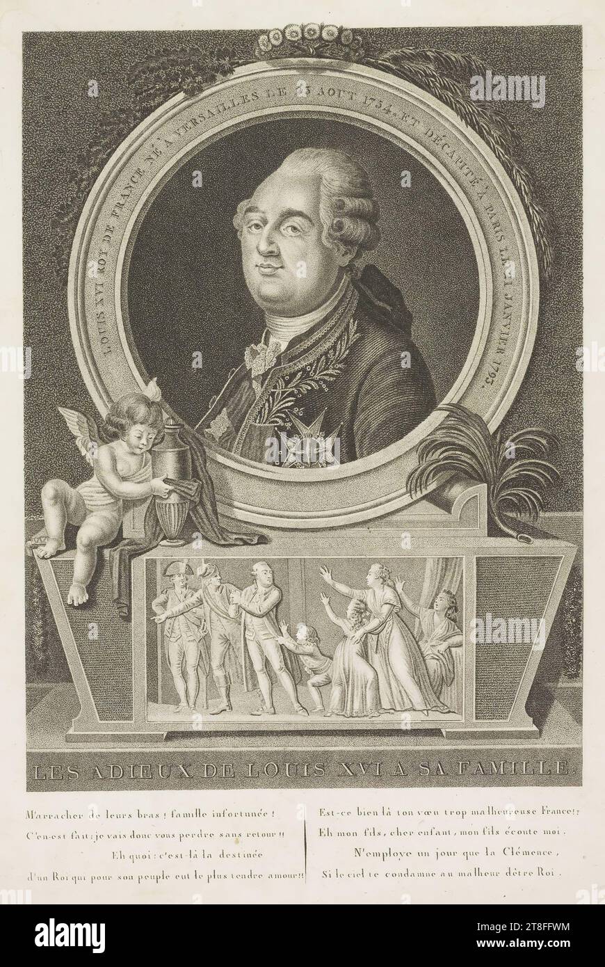 Porträt Ludwigs XVI. Mit Szene am Ende des Abschieds Ludwigs XVI. Von seiner Familie. Links sitzt ein Putti neben einer Vase. LOUIS XCI ROY VON FRANKREICH, GEBOREN AM 25. AUGUST 1754 IN VERSAILLES. UND ENTHAUPTET AM 21. JANUAR 1793. LOUIS XVI. VERABSCHIEDET SICH VON SEINER FAMILIE. Reiß mich aus ihren Armen! Unglückliche Familie!, es ist getan; ich werde dich also ohne Rückkehr verlieren!!!!, Was: Das ist das Schicksal eines Königs, der die zärtliche Liebe zu seinem Volk hatte!!! Ist das wirklich dein Wunsch, zu unglückliches Frankreich?? Hey, mein Sohn, mein Sohn, mein Sohn hört mir zu Stockfoto