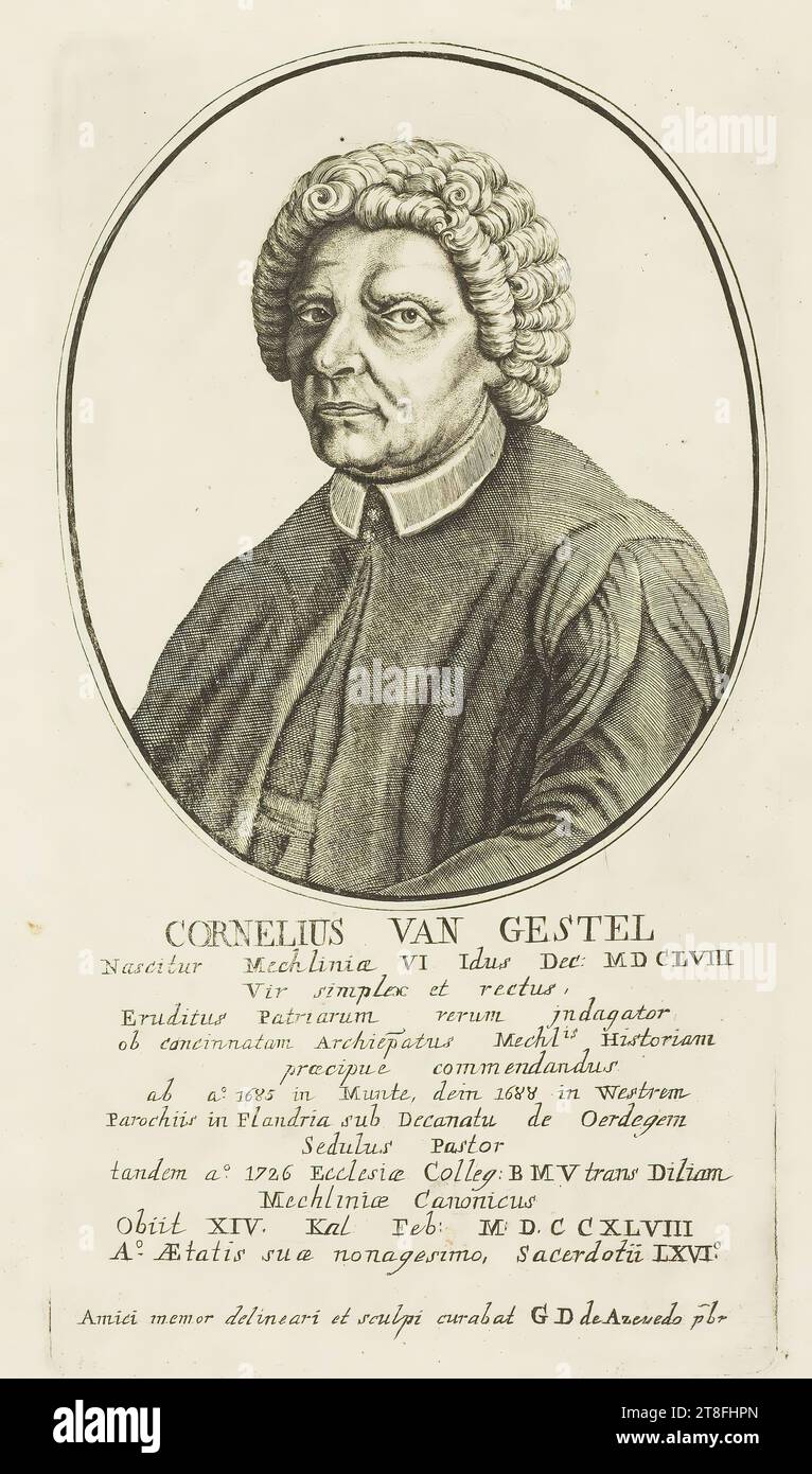 CORNELIUS VAN GESTEL, geboren in Mechlinie 6 IDUs Dez: MD 158, Ein einfacher und aufrichtiger Mann, ein wahrer Gelehrter des Vaterlandes, für die Geschichte des Cancinnat Archiepatus Mechlis, besonders zu loben, aus A° 1685 in Munte, dann 1688 in Westre, Pfarrgemeinden in Flandern unter dem Deanat von Oerdegem, Diligent Shepherd, zuletzt 1726 Ecclesiae Colleg: B M V trans Dilia, Mechliniæ Canonicus, Obiit XIV Kal Feb: M D C C 48, A°. Im neunzigsten Jahr seines Alters Stockfoto