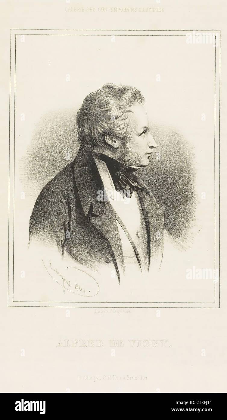 Baugniet 1840. GALERIE ILLUSTRIERTER ZEITGENOSSEN. imp. Von P. Degobert. ALFRED DE VIGNY. Gepostet von CHS. Hen, in Brüssel. Illustration aus: De Loménie, Louis, Galerie der illustrierten Zeitgenossen, Brux.: CH. Huhn, 1840, V. 1 Stockfoto