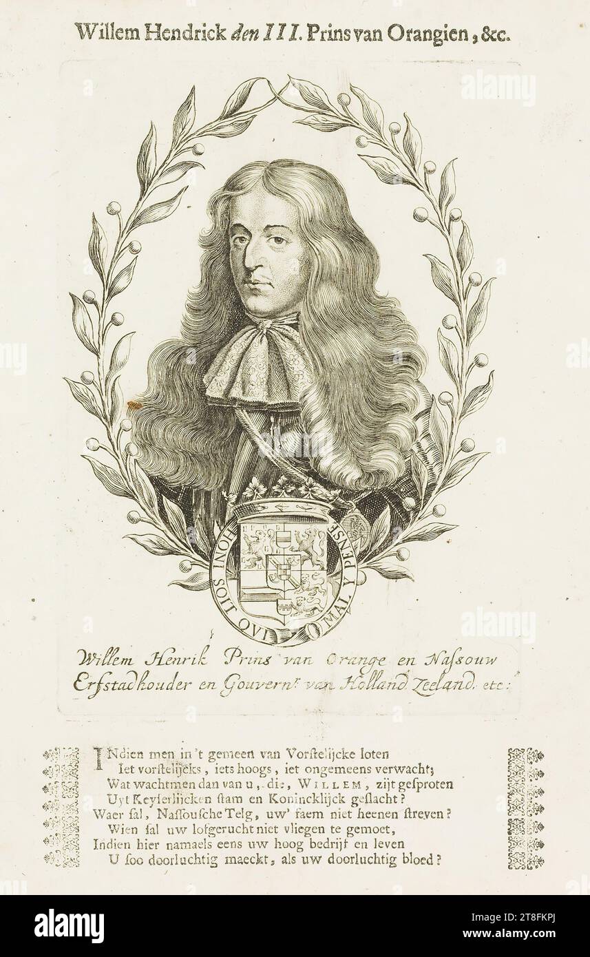 Ein Teil des Textes wurde später neu gedruckt, wodurch die Größe der Plattenkante kleiner als die der beschrifteten Darstellung ist. HONI SOIT OVI MAL Y PENSE. Willem Hendrick den III Prinz von Orangien, &c.. Willem Henrik Prinz von Orange und Nassouw, Erbe Statthalter und Gouverneur von Holland, Zeeland. Usw.: Wenn man von Vorstelijcke Loten gemeinsam etwas königliches, etwas hohes, etwas Unbequemes erwartet, was dann von dir erwartet, der, WILLEM, aus dem Stamm der Keyserlijcken und der königlichen Abstammung entsprungen wird? Stockfoto
