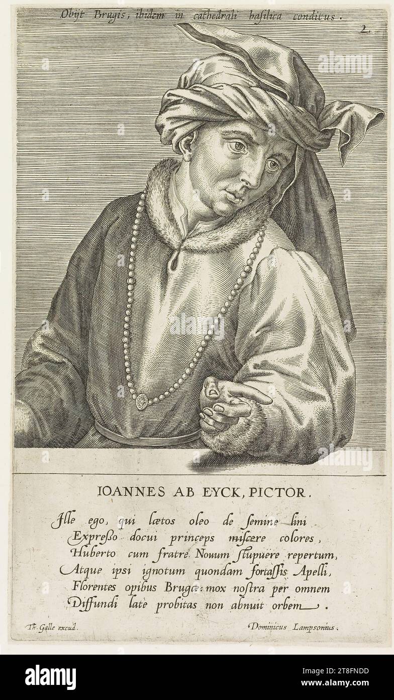 Obijt Brügge, begraben in der Kathedrale Basilika. 2. JOHN AB EYCK, MALER. Ich, der mit dem Öl von Leinsamen glücklich ist, habe dem Prinzen beigebracht, Farben mit Express zu mischen, Hubert mit seinem Bruder. Entdeckt zum Erstaunen des Neuen, und einst vielleicht den Apelles unbekannt, blühend mit den Reichtümern von Brügge bald unseren überall, verleugnet die weit verbreitete Ehrlichkeit der Welt nicht. Dominicus Lampsonius. Th: Galle excud Stockfoto