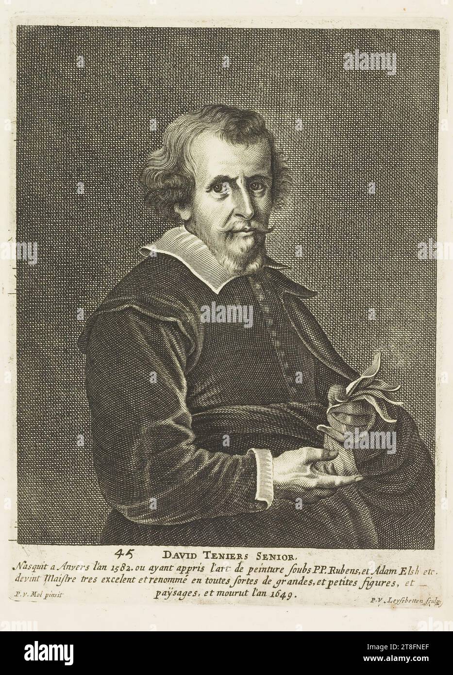 45 DAVID TENIERS SENIOR, geboren 1582 in Antwerpen. Oder die Kunst der Malerei unter PP gelernt haben. Rubens, Adam Elsh, etc., wurden Meister Dres Excellent und berühmt in allen starken großen und kleinen Figuren, und, Landschaften, und starb im Jahr 1649. P.v. mol Pinxit. P.v. Leysebetten Sculpt Stockfoto