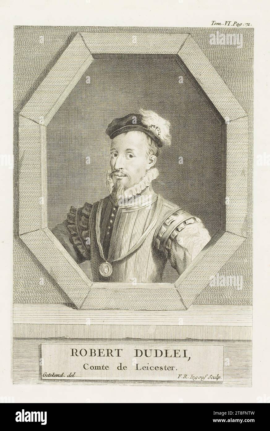 ROBERT DUDLEY, Comte de Leicester. Signiertes Teil. F.R. Ingouf Sculp. Leer. VI.Seite 71 Stockfoto