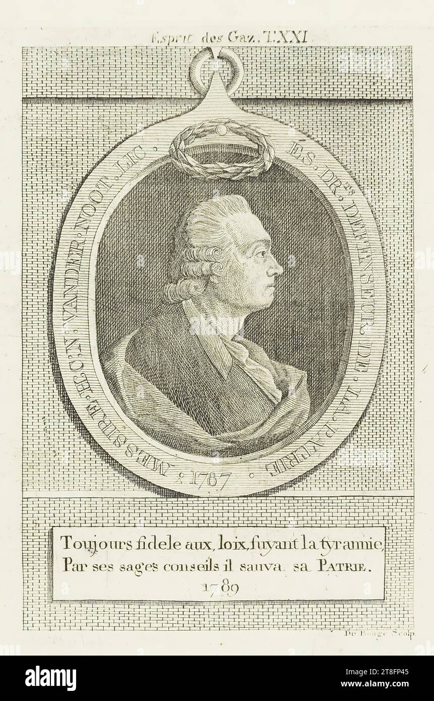 MESSIR. H:C:N:VANDER. NOTIZEN. LIC. ES. DR.TS DEFENDER VON. DA. LAND. 1787. Stets den Gesetzen treu, vor der Tyrannei, rettete er mit seinem weisen Rat seine HEIMAT, 1789. Gasgeist. T.XXI. De Bouge Sculp Stockfoto