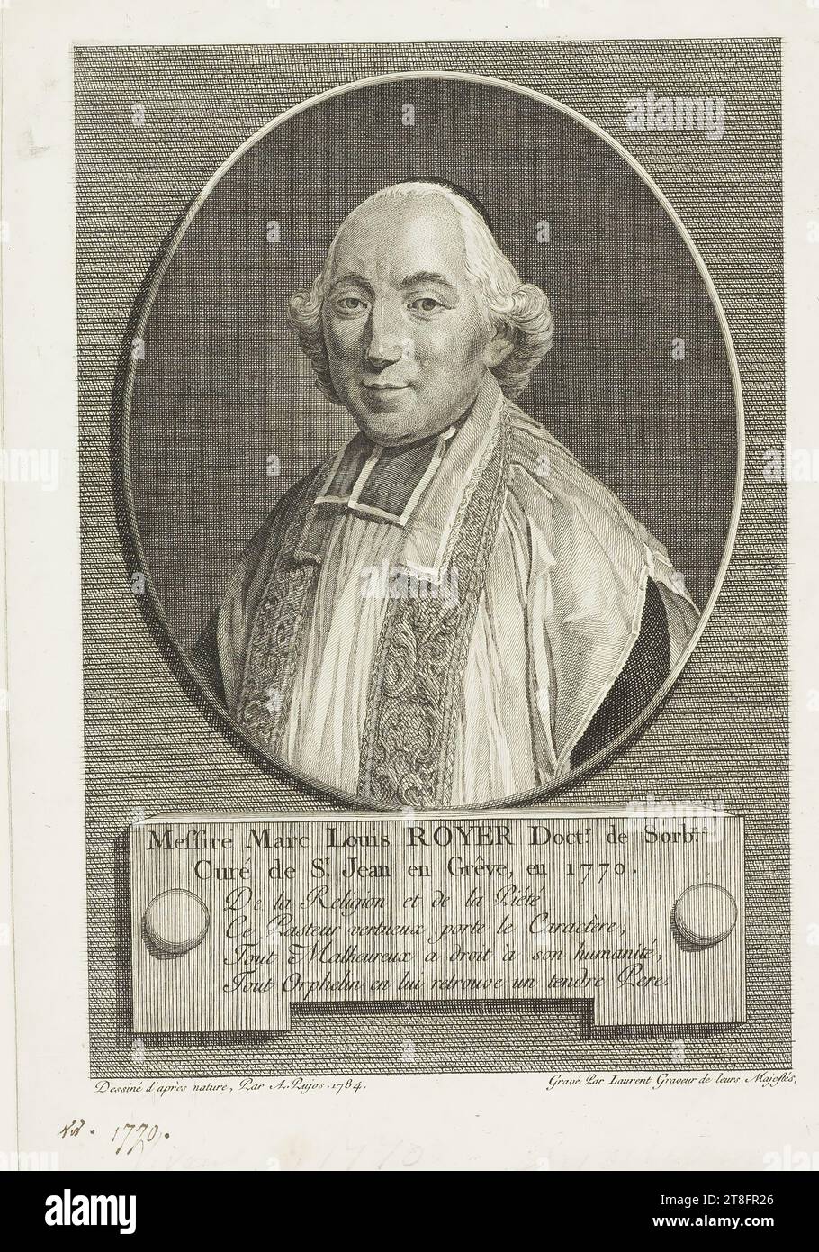 Sir Marc Louis ROYER Doktor. De Sorbne., Curé von St. Jean en Grêve, 1770. Dieser tugendhafte Pastor hat einen Charakter, der aus dem Leben stammt, von A. Pujos. 1784. Graviert von Laurent Engraver Ihrer Majestäten Stockfoto