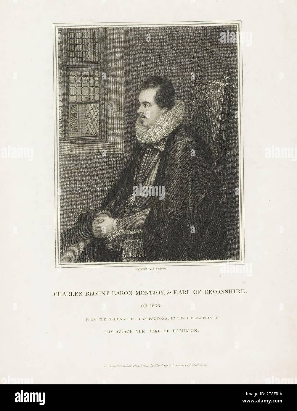Stich von E. Scriven. CHARLES BLOUNT, BARON MONTJOY UND EARL OF DEVONSHIRE., GEBURTSHILFE. 1606., AUS DEM ORIGINAL VON JUAN PANTOXA, IN DER SAMMLUNG VON HIS GRACE THE DUKE OF HAMILTON. London. Veröffentlicht am 1. August 1827 von Harding & Lepard, Pall Mall East Stockfoto