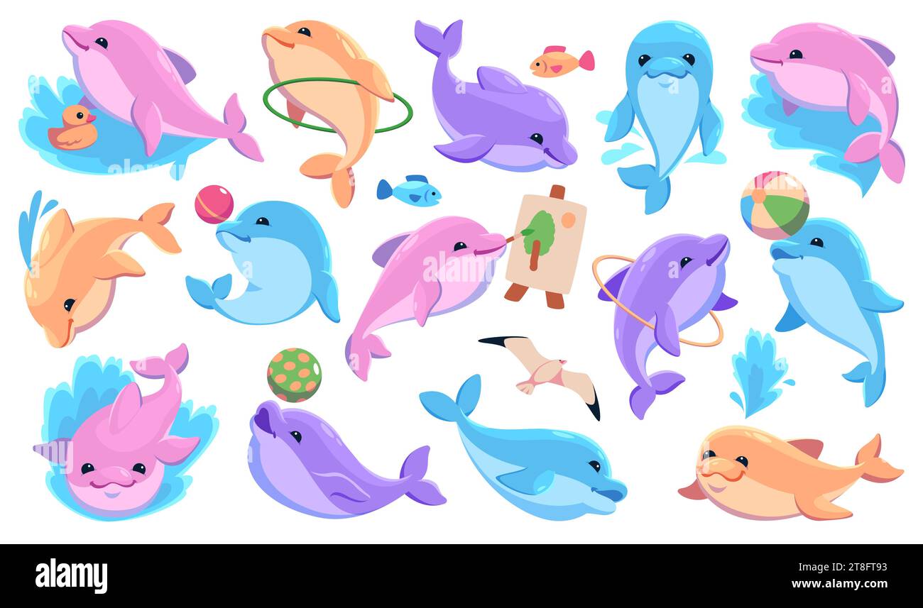 Lustige Delfinfiguren. Zeichentrick-Meerestier mit Showzubehör, Darbietung von Tricks, niedliche Unterwasserfauna, Bewohner des Ozeanariums Stock Vektor
