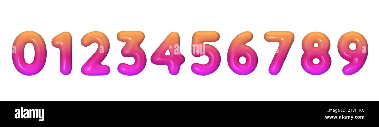 3D-Zahlen aus Kunststoff, Farbverlauf von Orange, Rot und Violett. Sammlung von Hochglanzzahlen von 0 bis 9. Vektor Stock Vektor