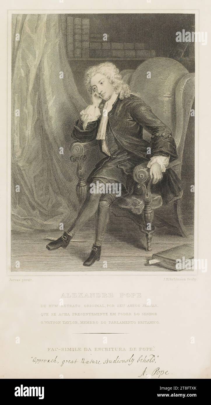 Jervas Pinxit. J.H. Robinson Sculpt. ALEXANDER POPE AUS EINEM ORIGINALPORTRÄT SEINES FREUNDES JERVAS, DERZEIT IM BESITZ DES HERRN, G. WATSON TAYLOR, MITGLIED DES BRITISCHEN PARLAMENTS. FAC-GLEICHNIS VON PAPSTES SCHRIFT, "Annäherung, große Natur, seht fleißig an", A. Pope Stockfoto