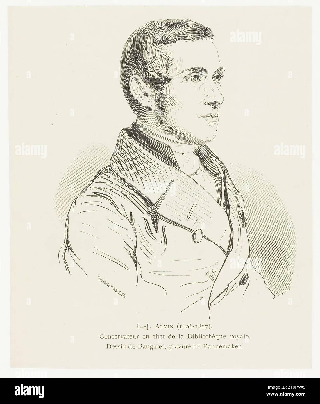 PANNEMAKER. L.-J. ALVIN (1806-1887)., Chefkurator der Königlichen Bibliothek. Zeichnung von Baugniet, Stich von Pannemaker Stockfoto