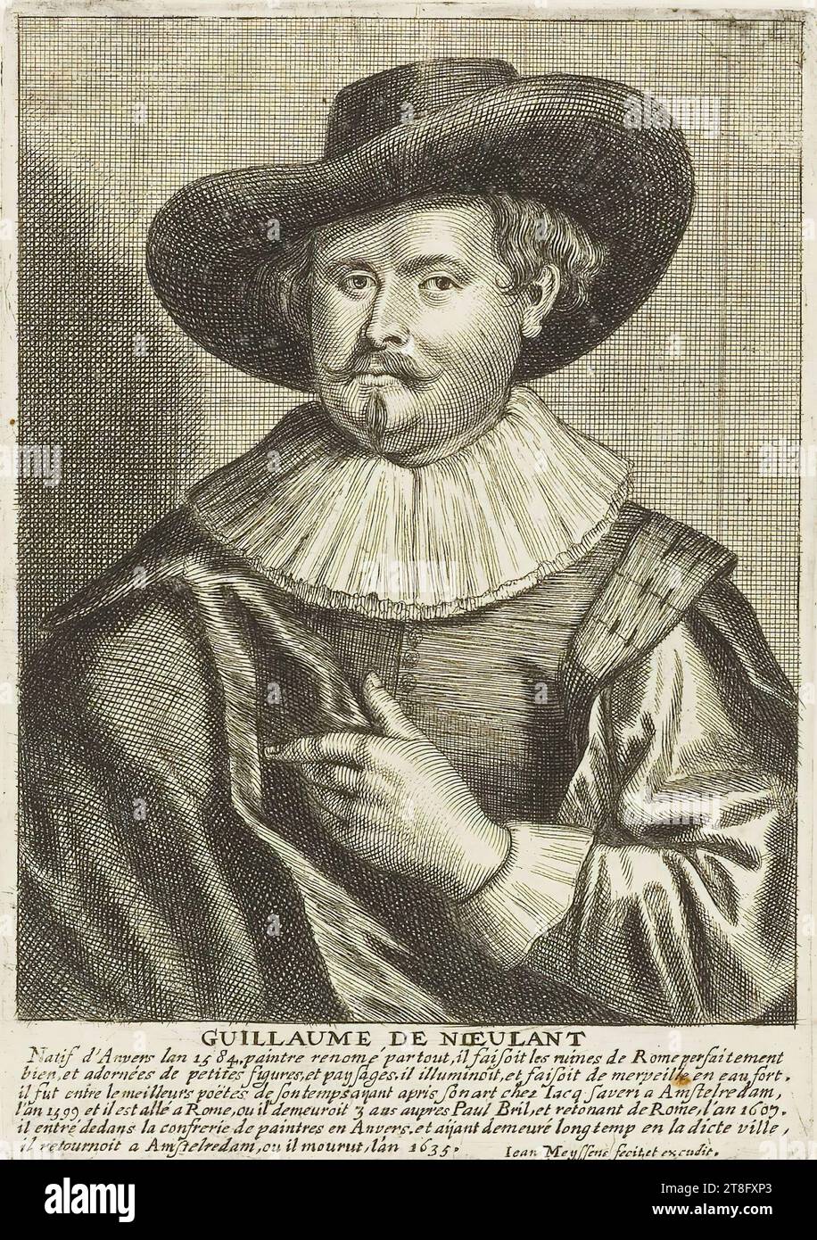 GUILLAUME DE NIEULANT, gebürtiger Antwerpen im Jahre 1584, Maler überall bekannt, malte die Ruinen Roms perfekt, gut, geschmückt mit kleinen Figuren und Landschaften, die er erleuchtete, und er tat Wunder in starkem Wasser, er war zwischen den besten Dichtern seiner Zeit, nachdem er seine Kunst von Jacq Saveri in Amstelredam im Jahre 1599 gelernt hatte, und er ging nach Rom, wo er drei Jahre bei Paul Brilie blieb. und nach seiner Rückkehr aus Rom im Jahre 1607 trat er in die Malerbrüderschaft in Antwerpen ein und kehrte nach Amstelredam zurück Stockfoto