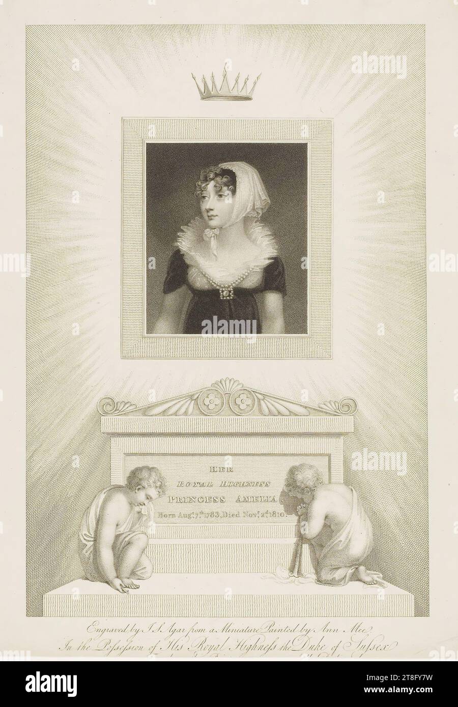 Teilebeschriftung unten abgeschnitten. IHRE KÖNIGLICHE HOHEIT, PRINZESSIN AMELIA, geboren am 7. August 1783, starb am 11. November. 2.d, 1810. Stich von J ... Agar aus einer Miniatur, gemalt von Ann Mee, im Besitz seiner Königlichen Hoheit, dem Herzog von Sussex, dem dieser Druck am respektvollsten gewidmet ist, von seinen Königlichen Hoheiten Hum.ble ... R. Ackermann Stockfoto