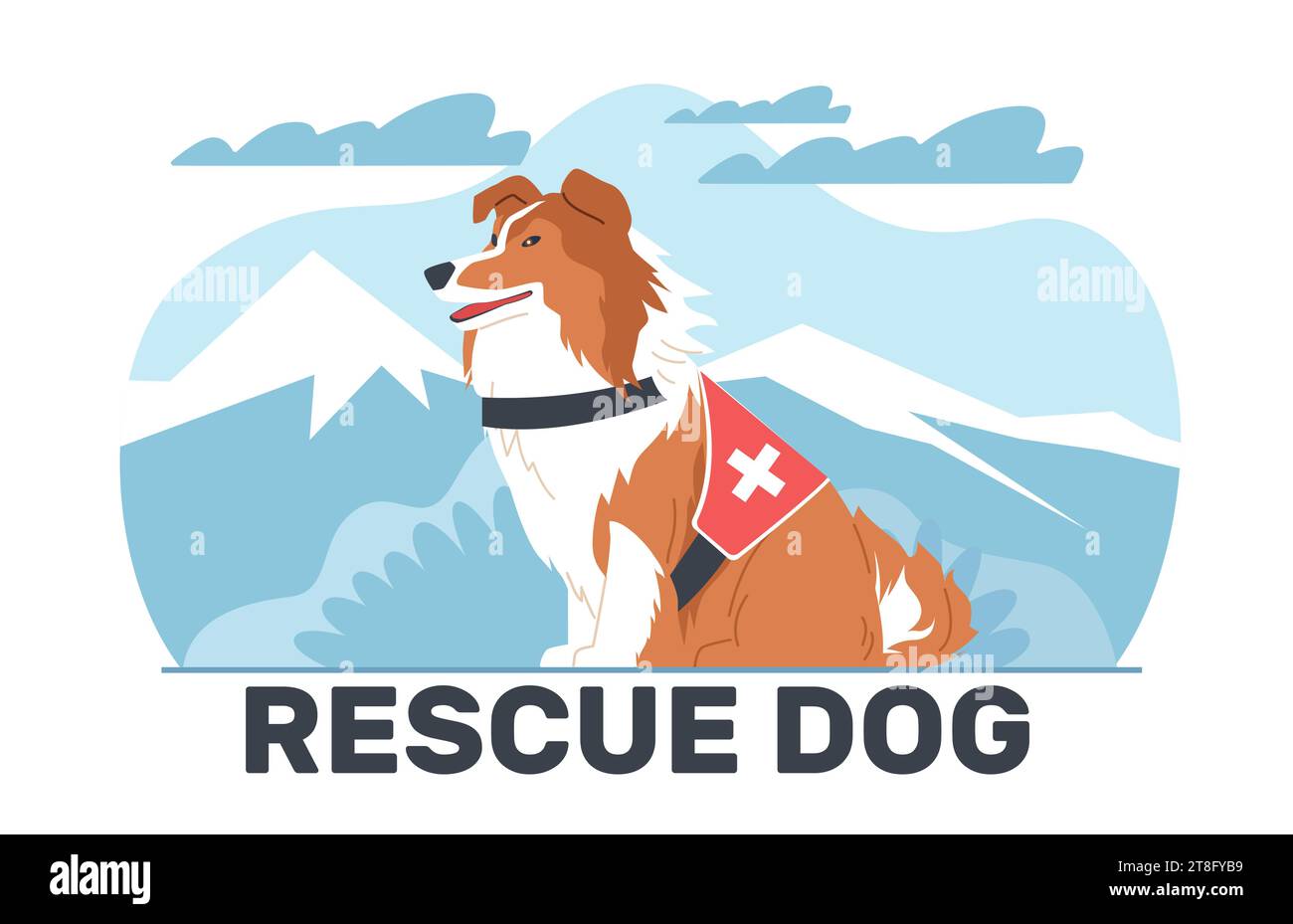 Such- und Rettungshund vor dem Hintergrund des Berges. Ausgebildetes Tier, Haustier rettet Leben im Schnee, arbeitet in Notsituationen, hilft Menschen Stock Vektor