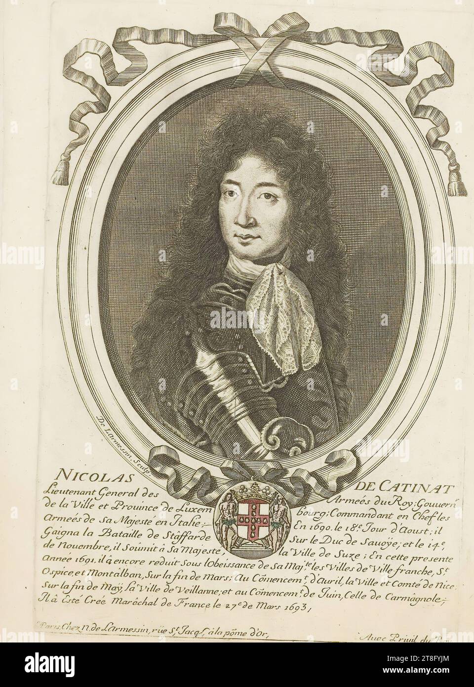 De Larmessin-Form. NICOLAS DE CATINAT, Generalleutnant der Armeen des Königs Gouuern. r, der Stadt und Provinz Luxemburg; Oberbefehlshaber der Armeen seiner Majestät in Italien 1690, am 18. August, gewann er die Schlacht von Staffarde über den Herzog von Sauoye und am 14. Von Nouembre unterwarf er seiner Majestät die Stadt Suze . in diesem Jahr, 1691, wurde er unter dem Gehorsam seines Majors die Städte Ville-franche St., Ospice und Montalban Ende März, zu Beginn von Aril, der Stadt und Grafschaft Nizza, am Ende von Maÿ, wieder reduziert Stockfoto