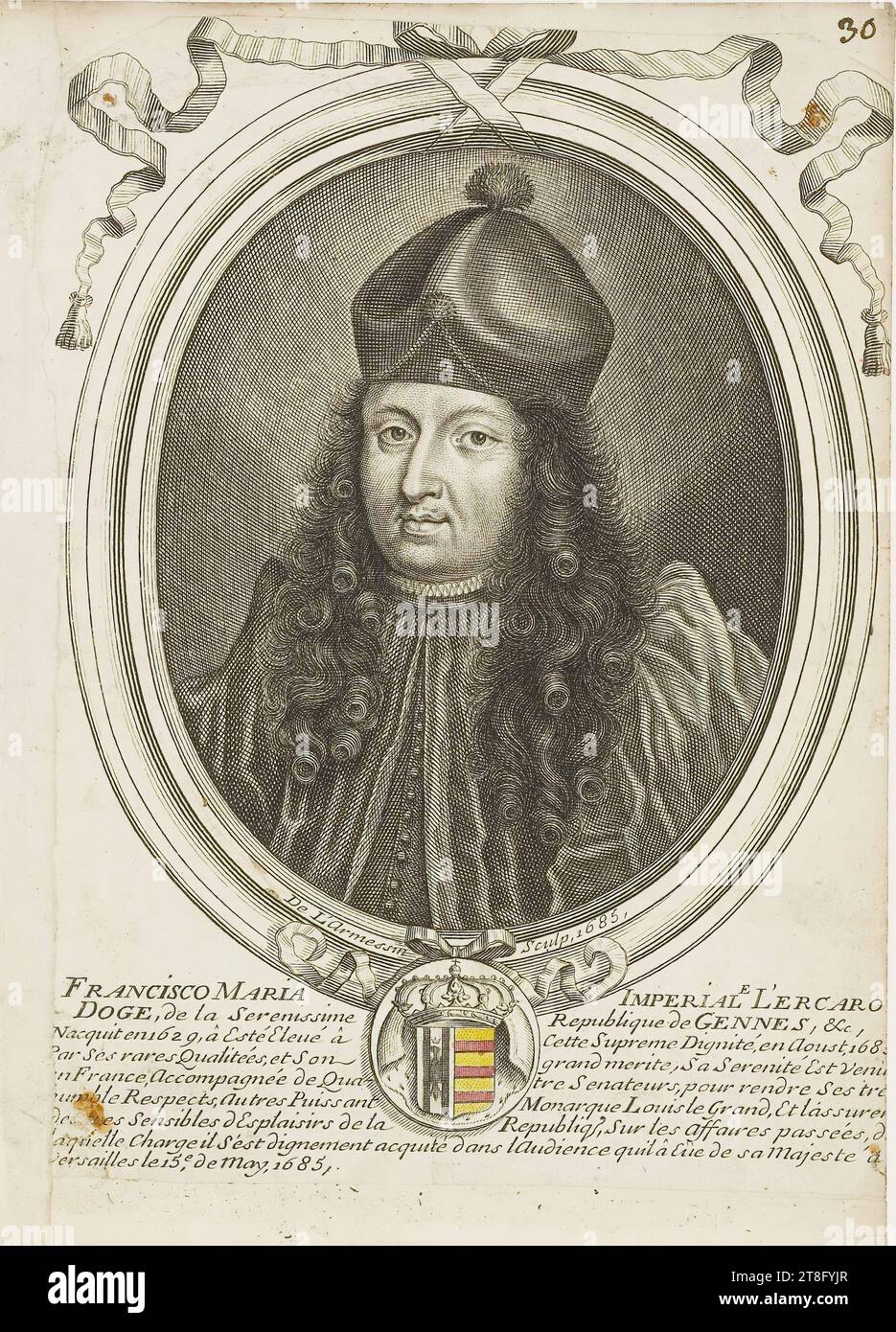 De L’armessin, Sculp, 1685,. FRANCISCO MARIA IMPERIALE L’ERCARO, DOGE, von der Serenissima-Republik GENNES, &c, geboren 1629, wurde ... zu dieser Hohen würde gewählt Bei Past Affairs, d?, Agrielle Lawd, sprach er sich in der Audienz quil â Eve de sa majeste A?, Versailles le 15e, de Mai 1685, frei Stockfoto