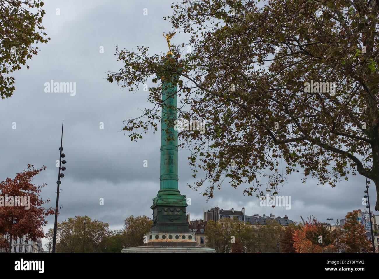 Paris, Frankreich, 2023. Die Julisäule und ihre goldene Génie de la Liberté sind hinter Platanen zu sehen, im Hintergrund befinden sich Haussmann-Gebäude Stockfoto