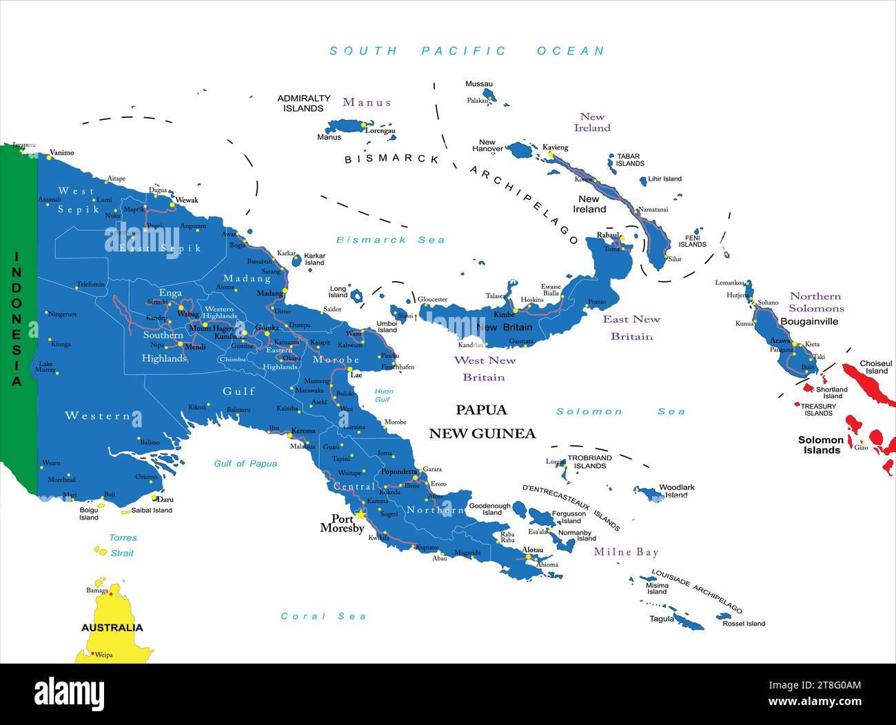 Sehr detaillierte Vektorkarte von Papua-Neuguinea mit Verwaltungsregionen, wichtigen Städten und Straßen. Stock Vektor