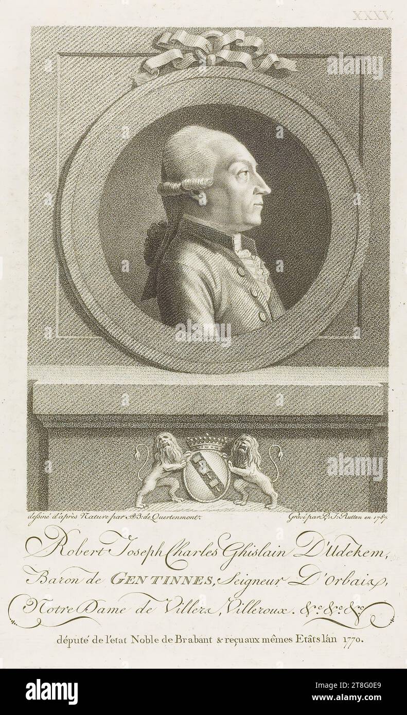 XXXV. Aus der Natur gezeichnet von A:B: De Quertenmont. Stich von P:J: Rutten aus dem Jahr 1787. Robert Joseph Charles Ghislain D'Udekem, Baron de GENTINNES, Lord D'orbai, Notre Dame de Viller, Villeroux. &C.&c.&c., Deputy of the Noble State of Brabant & erhielt im Jahr 1770 in denselben Bundesstaaten. Illustration aus: Recueil des portraits de Nosseigneurs les Etats de Brabant..., 1790 Stockfoto
