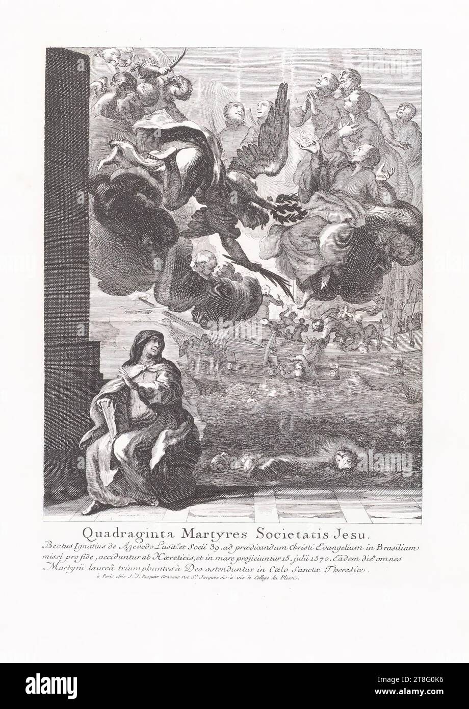 Die vierzig Märtyrer der Gesellschaft Jesu, der selige Ignatius de Azevedo Lusit und 39 Mitarbeiter, die für den Glauben nach Brasilien geschickt wurden, um das Evangelium Christi zu predigen, wurden am 15. Juli 1570 von Ketzern getötet und ins Meer geworfen. Sie werden am Himmel von St. Teresa gezeigt. à Paris chés J.J. Pasquier Graveur rue St. Jacques Vis-a-Vis le College du Plessis Stockfoto