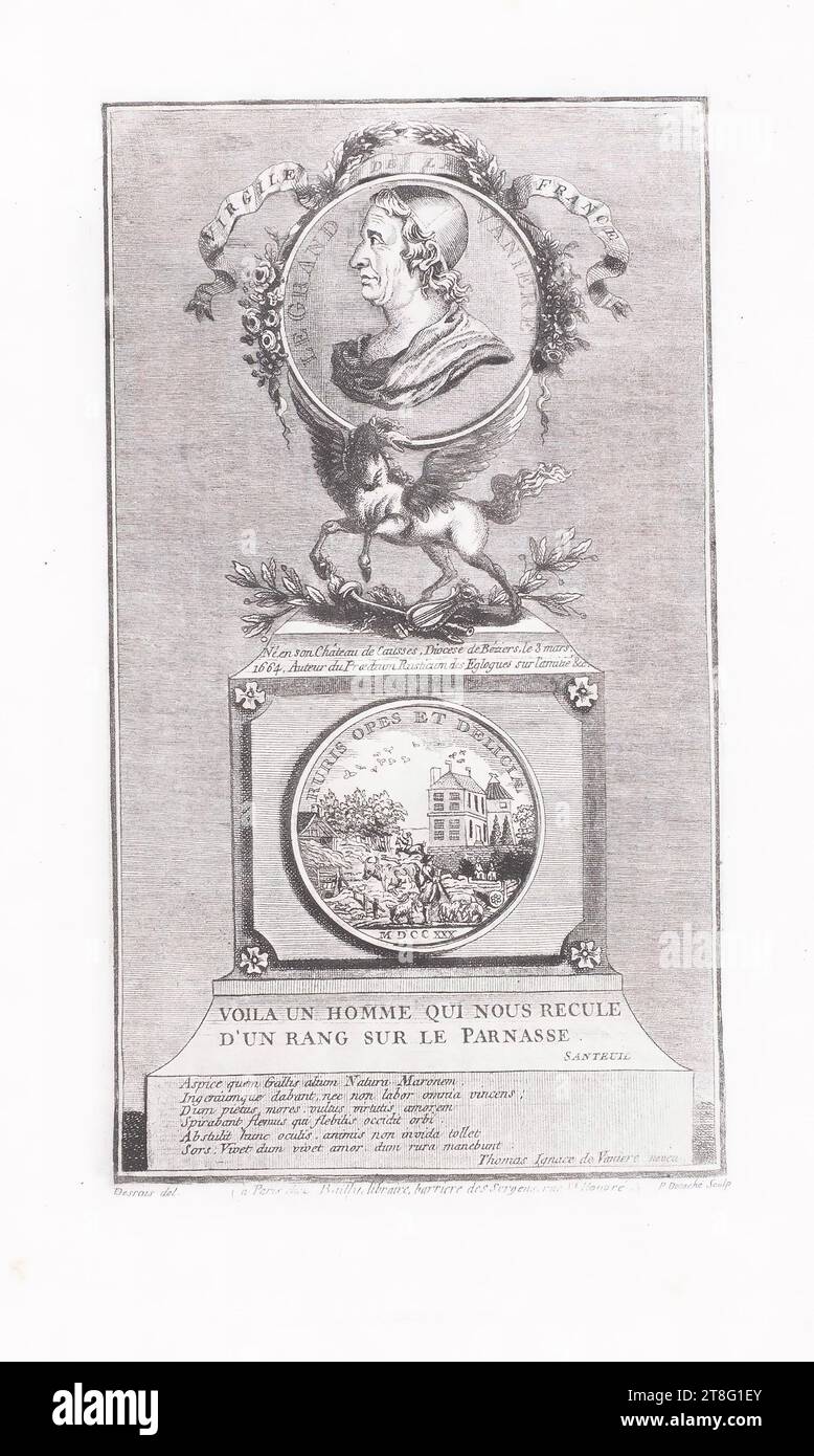 VIRGILE DE LA FRANCE LE GRAND VANIERE Néen son Château de Causses, Diocese de Béziers, le 3 mars., 1664. Auteur du Prædium Rusticum des Eglogues sur Tamariié. DER REICHTUM UND DIE KÖSTLICHKEIT DES LANDES, 1830 VOILA UN HOMME QUI NOUS RECULE, D'UN RANG SUR LE PARNASE., SANTEUIL Schauen Sie sich die Gallier an, groß und braun in der Natur. Sie gaben ihm Genialität und nicht nur die Mühen, die Amnesie zu besiegen; das Schicksal wird die neidischen Seelen nicht wegnehmen. Er lebt so lange wie die Liebe lebt. Während sie auf dem Land bleiben, Thomas Ignace de Vaniere, Neffe Desrais del. (à Paris chez Bailly, libraire Stockfoto
