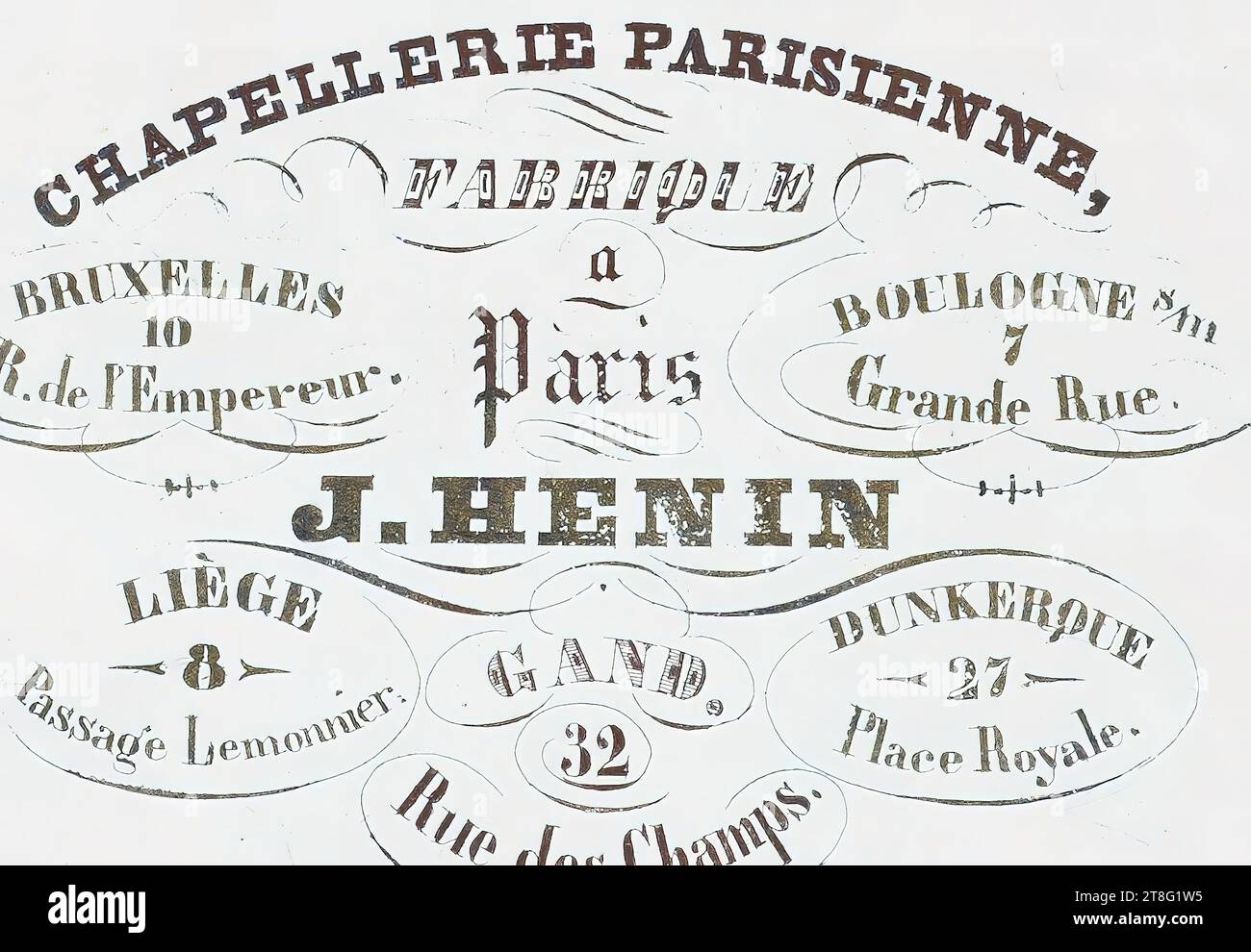 Werbedruck. Visitenkarten. PARISER HAPPERY, HERGESTELLT, in Paris. BRÜSSEL 10, R. des Kaisers. J. HENIN. BOULOGNE s, m, 7, Grande Rue. LÜTTICH, 8, Passage Lemonnier. GENT, 32, Rue des Champs. Dunkirk, 27, Place Royale. Leuchtet. Von D. Verhulst, in Gent Stockfoto