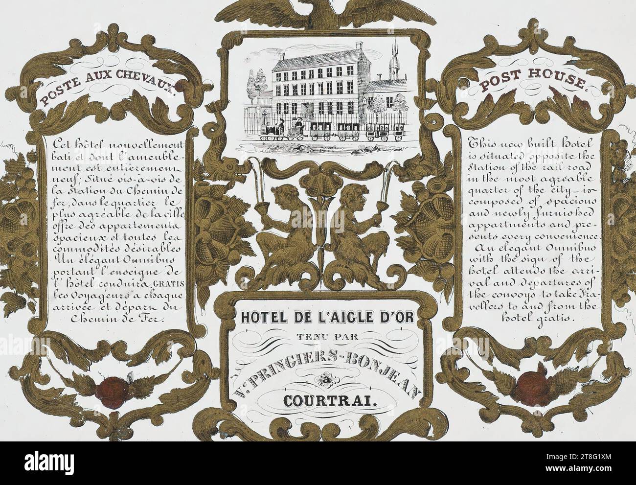 Werbedruck. Visitenkarten. PFERDEPFOSTEN. POST-HOUSE. Dieses neu gebaute Hotel, dessen Möbel völlig neu sind; das Hotel liegt gegenüber dem Bahnhof, im angenehmsten Viertel der Stadt, bietet geräumige Apartments und alle erwünschten Annehmlichkeiten. ein eleganter Omnibus, der das Zeichen trägt, das HE Hotel bringt Reisende KOSTENLOS zu jeder an- und Abreise vom Chemin de Fer. Das neu erbaute Hotel liegt gegenüber dem Bahnhof der Eisenbahnstraße, im angenehmsten Viertel der Stadt. Es besteht aus geräumigen und neu eingerichteten Apartments und Vorzimmern. Stockfoto