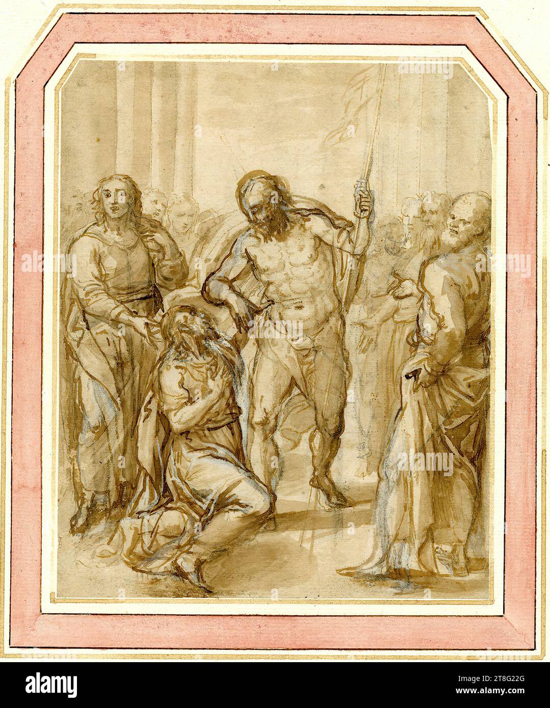 Gillis Neyts (1623 - 1687), nach Joan Huysens (1638 - 1687 aktive circa), Herausgeber von Landscape with Rider and Three Travelers, Gillis Neyts (1623 - 1687), Künstler Joan Huysens (1638 - 1687 aktive circa), Herausgeber von Landscape with Rider and Three Travelers, Giulio Angolo del Moro (1555 um - nach 1618), der Ungläubige Thomas, Schöpfung: ca. 1600 ?, Federzeichnung in Braun, brauner Waschung und weiß erhöht, Blattgröße: 26,1 x 21,1 cm Stockfoto