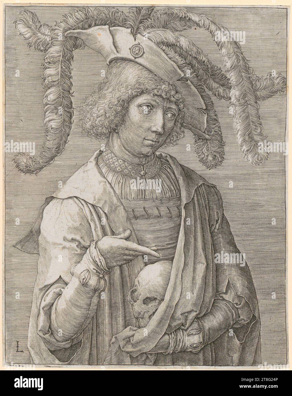 Lucas Hugensz. Van Leyden (1488, 1499 bzw. 1494 - 1533), Künstler, junger Mann mit Schädel, Druckmedium: Ca. 1519, Kupferstich, Bogengröße: 18,7 x 14. 7 cm Rahmenlinie: 18,4 x 14,4 cm, Monogramm „L“ unten links, rot Stockfoto