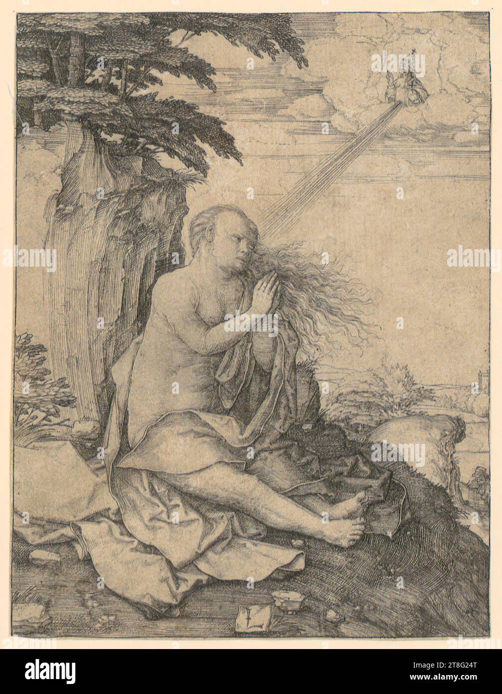 Lucas Hugensz. Van Leyden (1488, 1499 bzw. 1494 - 1533), Künstlerin, Mary Magdalene in der Wüste, Druckdatum: Ca. 1506, Kupferstich, Bogengröße: 11,2 x 8,5 cm, Monogramm 'L' unten in der Mitte auf Platte Stockfoto