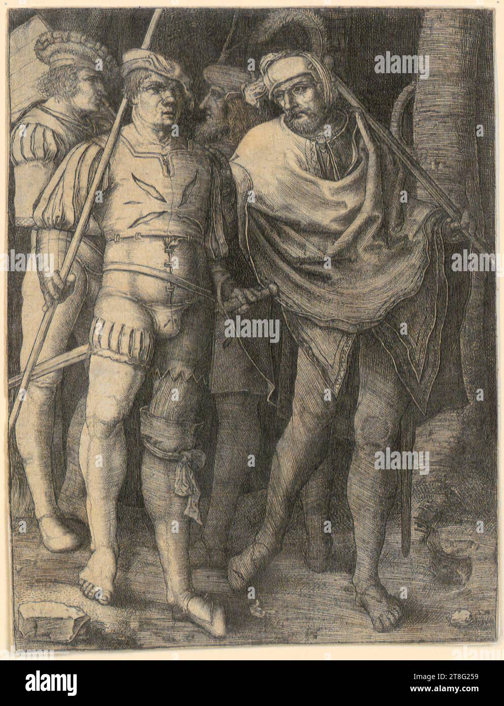 Lucas Hugensz. Van Leyden (1488, 1499 oder 1494 - 1533), Künstler, vier Kriegerdiener im Wald, Druckmedium: Ca. 1507, Kupferstich, Bogengröße: 11,4 x 8,9 cm, links unten monogrammiert auf Stein 'L', links hinten schwarz Stockfoto