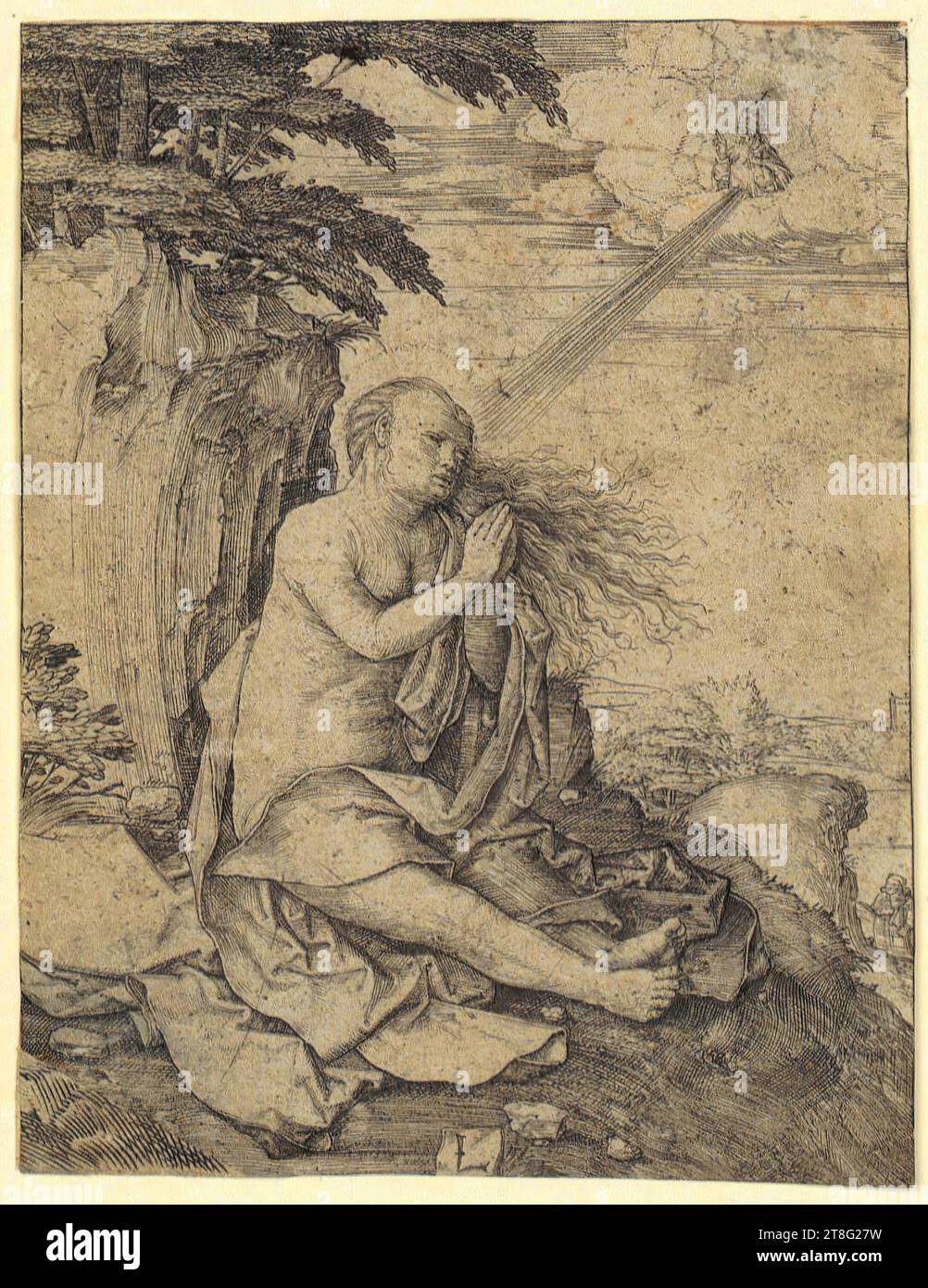 Lucas Hugensz. Van Leyden (1488, 1499 bzw. 1494 - 1533), Künstlerin, Mary Magdalene in der Wüste, Druckmedium: Ca. 1506, Kupferstich auf vergé-Papier, Bogengröße: 11,0 x 8,5 cm, unten Mitte auf Platte monogrammiert 'L Stockfoto