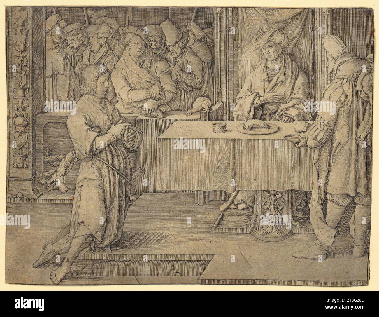Lucas Hugensz. Van Leyden (1488, 1499 bzw. 1494–1533), Künstler, Joseph interpretiert die Träume des Pharao, Herkunft des Drucks: 1512, Kupferplatte auf vergé-Papier, Bogengröße: 12,6 x 16,6 cm, unterer Mittelpunkt monogrammiert 'L', rückwärts links unten schwarz Stockfoto