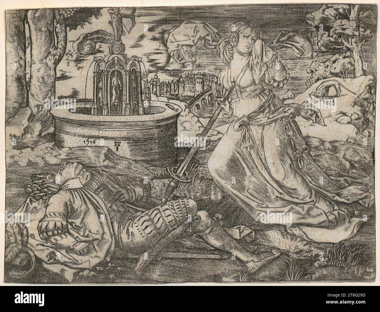 Cornelis Pietersz. Bega (1631 um - 1664), sitzende Frau mit Pelzmütze und großer Kanne, Monogramist AI (1501, 1515 erwähnt)Lucas Hugensz. Van Leyden (1488, 1499 bzw. 1494 - 1533), Kopie danach, Pyramus und Thisbe, Herkunft des Drucks: 1516, Kupferstich, Bogengröße: 11,6 x 15,7 cm, am guten Rand datiert und monogrammiert '1516 A, I Stockfoto