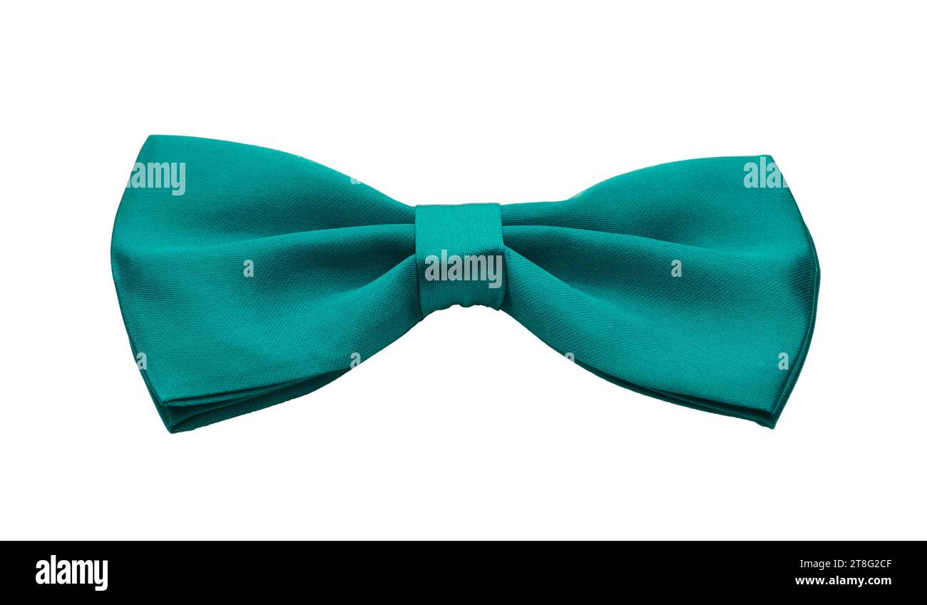 Fliege aus Satin in Grün-Türkis, formelles Accessoire zur Kleiderordnung am Halsausschnitt. Isoliert auf weißem Hintergrund Stockfoto