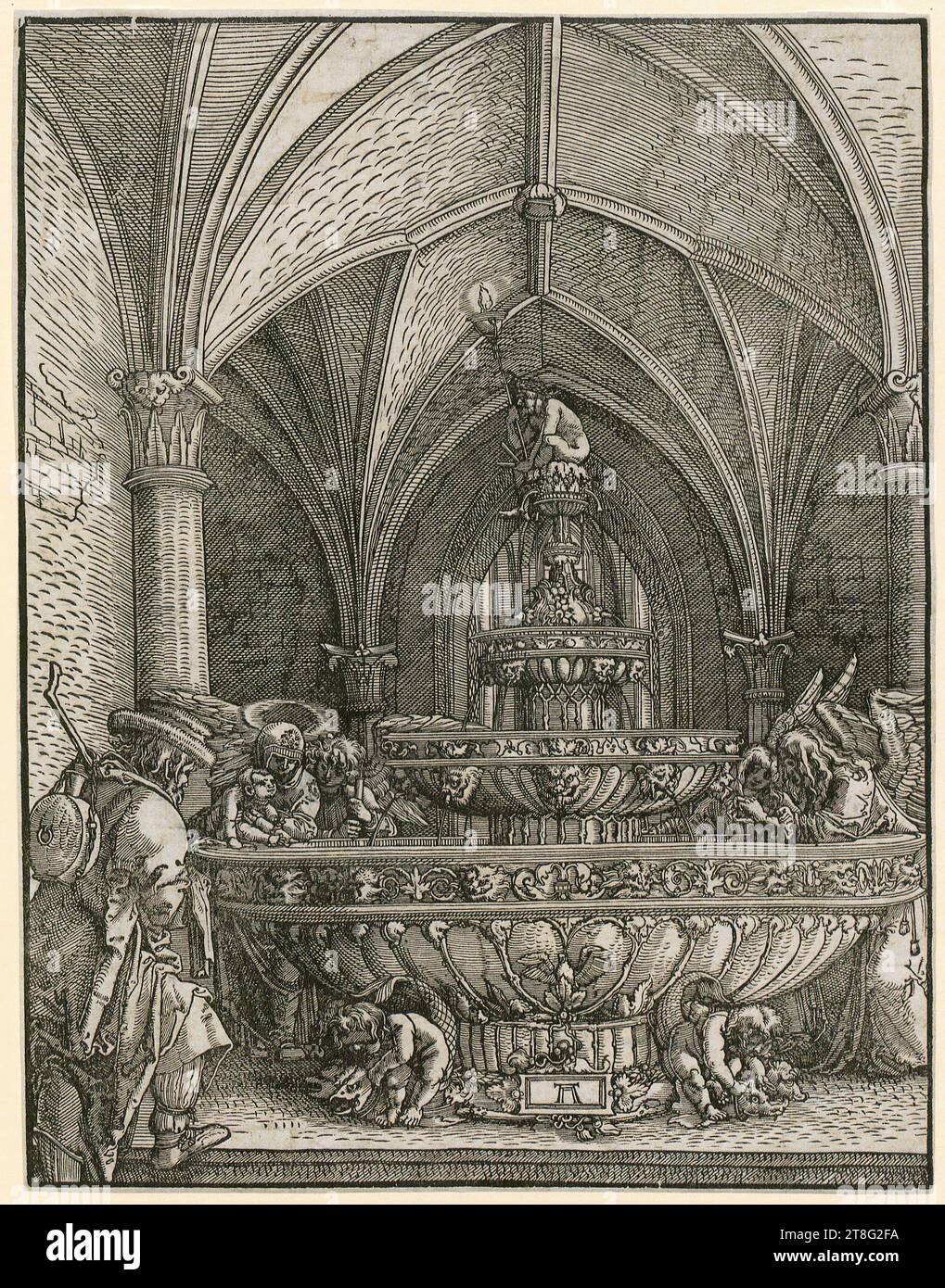 Albrecht Altdorfer (1480 um - 1538), Künstler, Heilige Familie am Brunnen, Druckdatum: 1512 - 1515, Holzschnitt, Bogengröße: 23,0 x 17,7 cm, unten Mitte monogrammiert 'AA Stockfoto