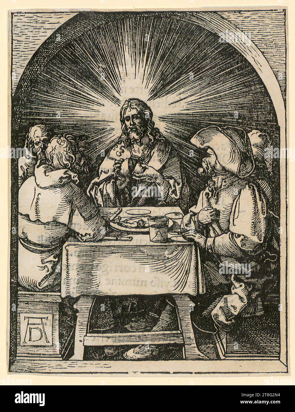 Albrecht Dürer (1471 - 1528), Künstler, Christ in Emmaus, Blatt 33 der Serie 'kleiner Holzschnitt Passion', Medium: Ca. 1510, Holzschnitt, Bogengröße: 12,8 x 9,9 cm, unten links auf Platte monogrammiert 'AD' Stockfoto