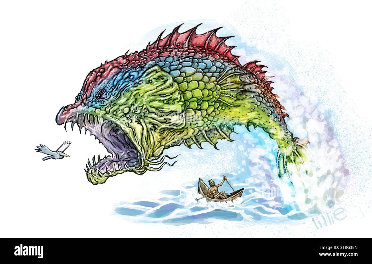 Kunst der Legende nach war der Regenbogenfisch so groß wie ein Wal. Dieses Meereswesen aß Lord Buddha, sah eine Inkarnation der Gottheit Vishnu von Hindus Stockfoto