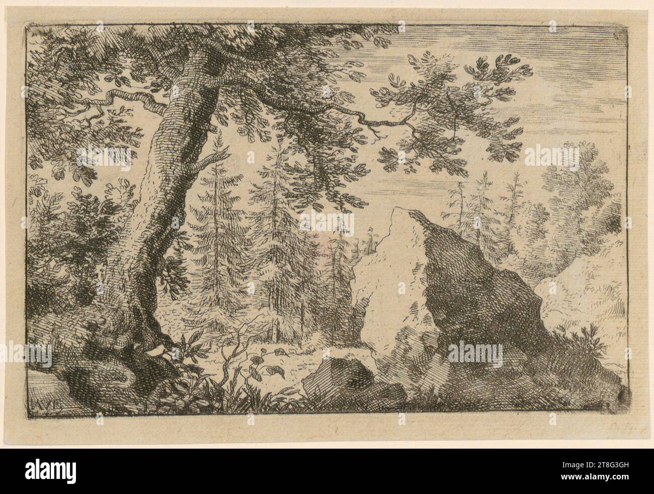 Allart van Everdingen (1621 v. Chr. - 1675), Erratischer Block im Wald, Druckmedium: 1636 - 1675, Ätzung, Kupferstich und Trockenpunkt, Bogengröße: 11,6 x 17,1 cm, links unten monogrammiert Stockfoto