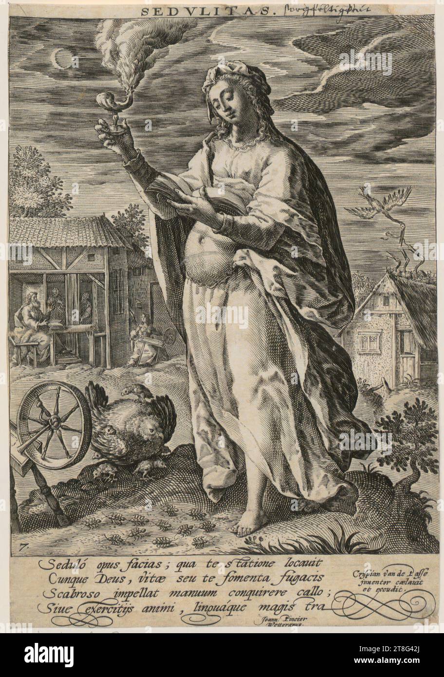 Crispijn de Passe (der ältere) (1564 - 1637), Künstler, Eifer (Sedulitas), Blatt 7 der Serie "die Tugenden", Herkunft des Druckmediums: Ca. 1590 - 1637, Kupferstich, Bogengröße: 21,0 x 14,4 cm (zugeschnitten)" über "SEDVLITAS.", unter "Seduló opus facias"; qua te statione locauit, Cunque, oben in Stift in schwarz beschriftet Stockfoto