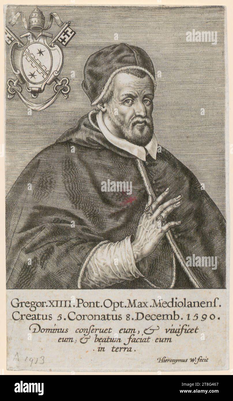 Hieronymus Wierix (1553 - 1619), Porträt von Papst Gregor XIV., Druckdatum: 1590 - 1591, Kupferstich, Bogengröße: 13,2 x 8,0 cm, Inschrift unten in der Mitte 'Gregor'. XIIII Pont. Opt. Max Mediolanens., Creatus 5. Coronatus 8. Decemb, unten links mit Graphit 'A 1913 beschriftet Stockfoto