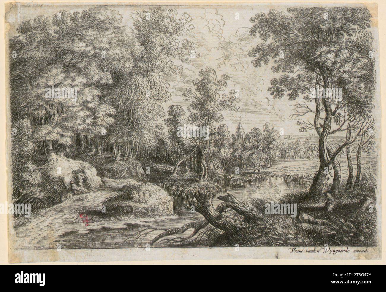 Lucas van Uden (1595 - 1672)Frans van den Wyngaerde (1614 - 1679), Herausgeber, Landschaft mit Bach und zwei ruhenden Männern unter einem Baum, Blatt 6 der Reihe „sechs Landschaften“, Herkunft des Druckmediums: 1610 - 1672, Ätzung und Kupferstich, Bogengröße: 9,2 x 13,1 cm, unten rechts „Franc. vanden Wyngaerde excud.', hinten links oben in Stift und braun 'F Rechberger 1799' (vgl. L.2133) Franz Rechberger Stockfoto