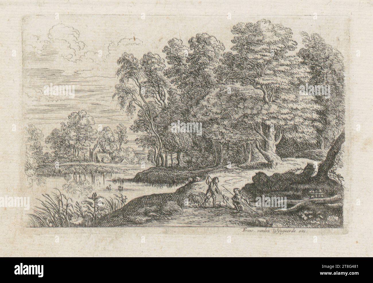 Lucas van Uden (1595 - 1672)Frans van den Wyngaerde (1614 - 1679), Herausgeber, Landschaft mit Teich und zwei Knaben, Blatt 1 der Serie „fünf Landschaften“, Herkunft des Druckmediums: Ca. 1642 - 1679, Ätzung und Kupferstich, Bogengröße: 10,5 x 14,9 cm Plattenrand: 8,7 x 13,1 cm, unten rechts mit der Aufschrift „Franc. vanden Wyngaerde exz Stockfoto
