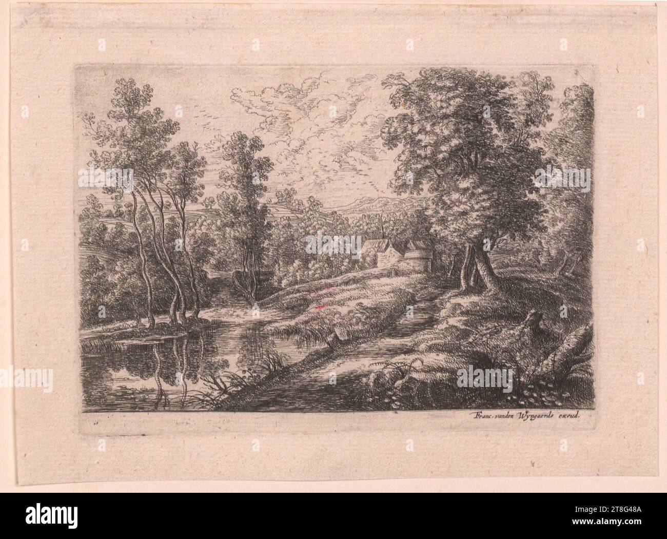 Lucas van Uden (1595 - 1672)Frans van den Wyngaerde (1614 - 1679), Verlag, Landschaft mit Häusern und Kirche, Blatt 2 der Reihe „fünf Landschaften“, Druckherkunft: 1610 - 1672, Radierung und Kupferstich, Bogengröße: 12,0 x 16,0 cm Plattenmarke: 9,3 x 13,1 cm, unten rechts mit der Aufschrift „Franc. vanden Wyngaerde excud Stockfoto