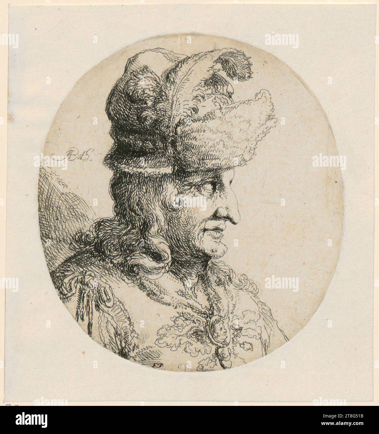 Andries Both (1612, 1613 - 1642), halblanges Porträt eines Mannes mit Federhut, Druckmedium: 1622 - 1642, Ätzung, Bogengröße: 12,8 x 12,2 cm (mit aufgesetztem Rand)Plattenmarke: 11,7 x 10,5 cm (oval)' Feld 3 signiert 'ABoth'. Links in der Mitte, links unten links, 13680 RZ Stockfoto