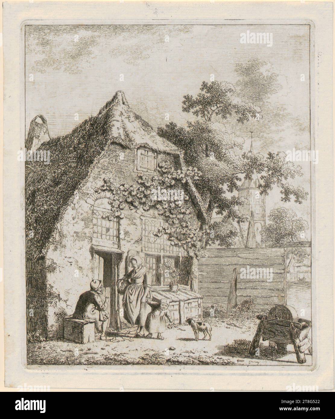 Johannes Christianus Janson (1763–1823), Mann, der vor einem Bauernhof sitzt und Pfeife raucht, mit Frau und Kind spricht, Mittel: Ca. 1778–1823, Ätzung, Blattgröße: 17,9 x 15,2 cm, Plattenmarke: 16,2 x 13,7 cm Stockfoto
